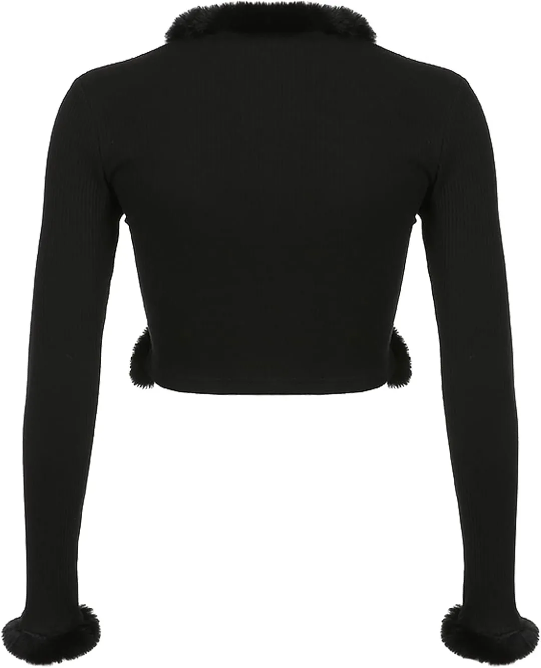 Sexy Women Long Sleeve Tie-up Cardigan Deep V Solid Crop Tops Fur Trim Fashion Knitted Sweaters