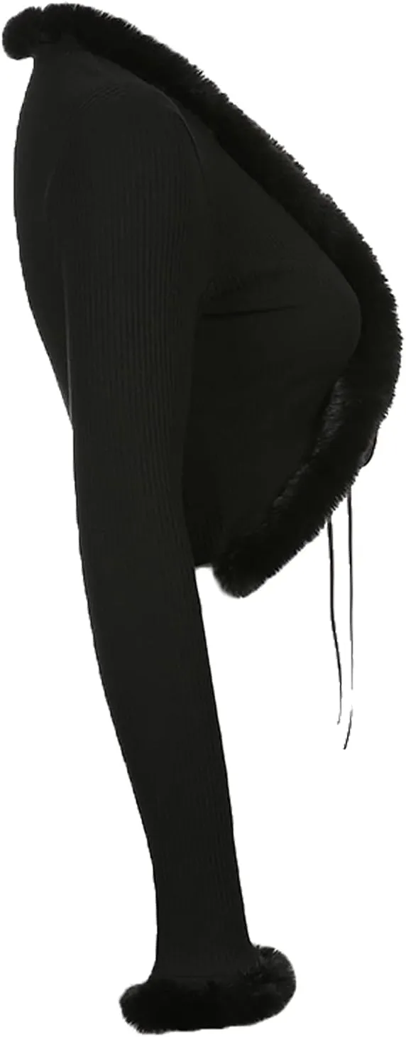 Sexy Women Long Sleeve Tie-up Cardigan Deep V Solid Crop Tops Fur Trim Fashion Knitted Sweaters