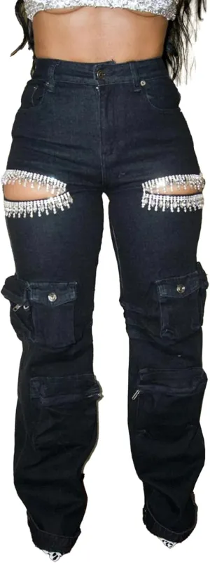 SHINFY Rhinestone Cargo Jeans for Women High Waisted Straight Wide Leg Ripped Jeans Y2K Baggy Denim Cargo Pants