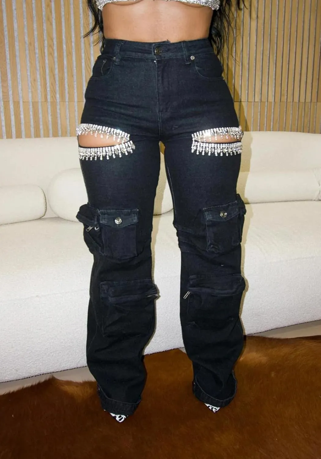 SHINFY Rhinestone Cargo Jeans for Women High Waisted Straight Wide Leg Ripped Jeans Y2K Baggy Denim Cargo Pants