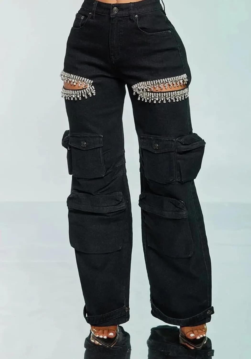 SHINFY Rhinestone Cargo Jeans for Women High Waisted Straight Wide Leg Ripped Jeans Y2K Baggy Denim Cargo Pants