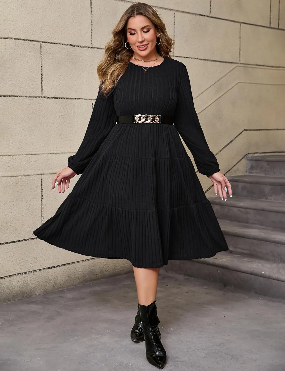 ShopWonder Women Plus Size Knit Sweater Dress Round Neck Long Sleeves Comfy Pullover Winter Midi Dress with Belt