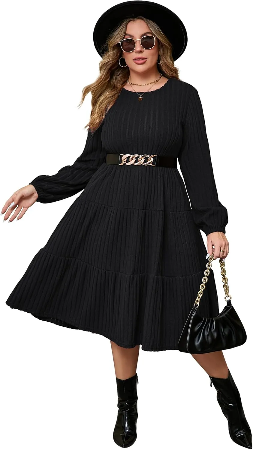 ShopWonder Women Plus Size Knit Sweater Dress Round Neck Long Sleeves Comfy Pullover Winter Midi Dress with Belt