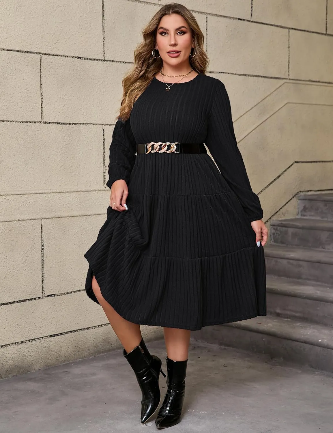 ShopWonder Women Plus Size Knit Sweater Dress Round Neck Long Sleeves Comfy Pullover Winter Midi Dress with Belt