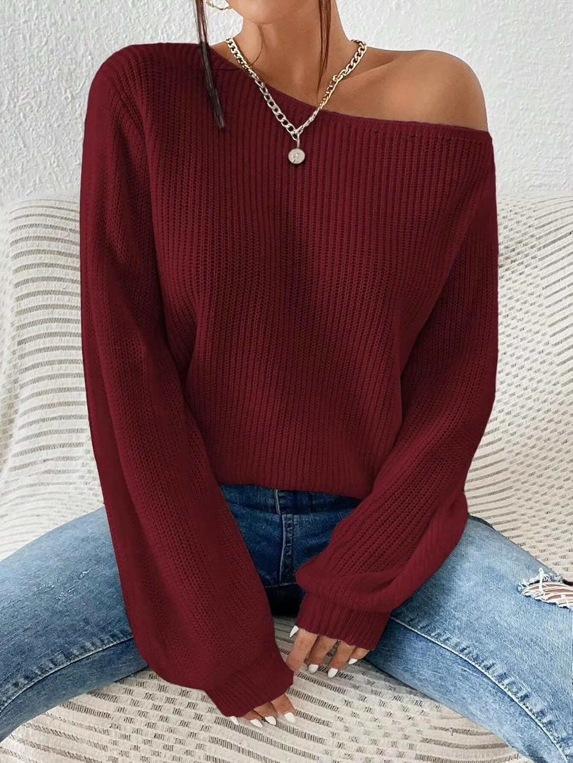 SKAYS Womens Off The Shoulder Sweater Asymmetrical Neck Fall Ribbed Knit Long Sleeve Pullover Sweaters for Women