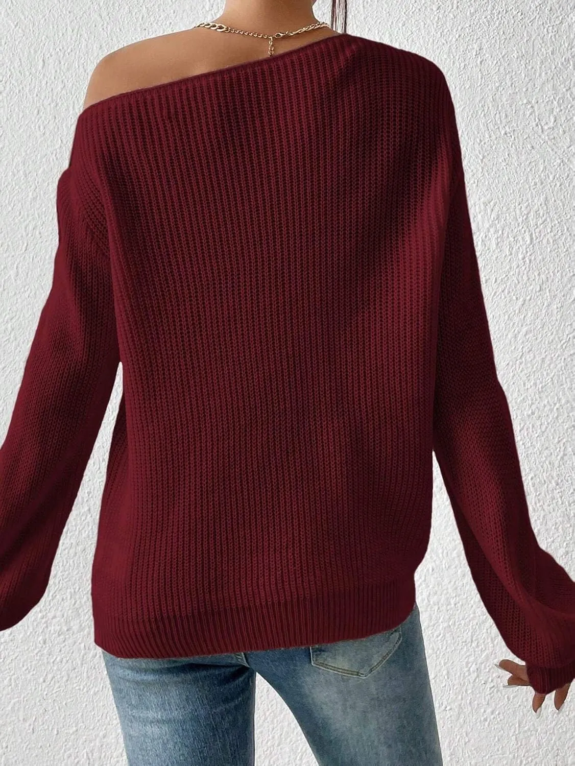 SKAYS Womens Off The Shoulder Sweater Asymmetrical Neck Fall Ribbed Knit Long Sleeve Pullover Sweaters for Women