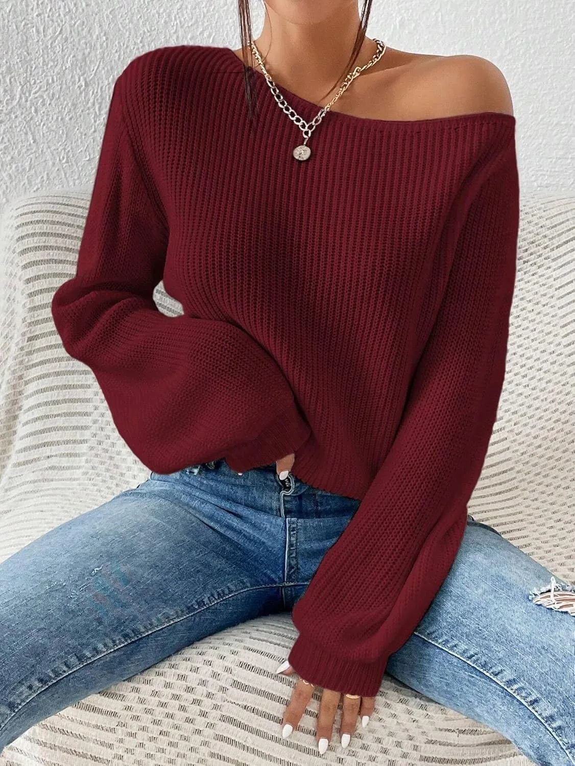 SKAYS Womens Off The Shoulder Sweater Asymmetrical Neck Fall Ribbed Knit Long Sleeve Pullover Sweaters for Women