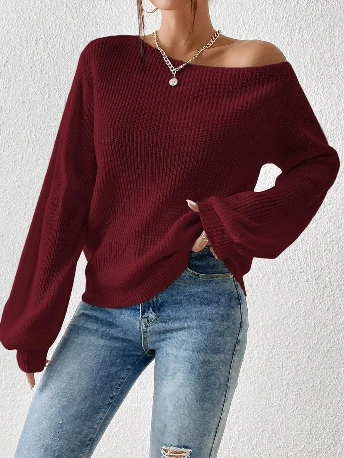 SKAYS Womens Off The Shoulder Sweater Asymmetrical Neck Fall Ribbed Knit Long Sleeve Pullover Sweaters for Women
