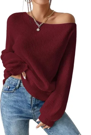 SKAYS Womens Off The Shoulder Sweater Asymmetrical Neck Fall Ribbed Knit Long Sleeve Pullover Sweaters for Women