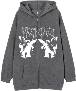 Skull Vintage Casual Oversized Sweatshirt Zip Up Jacket for Men Women, Harajuk Grunge Hoodie