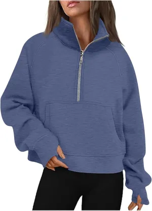 SMIDOW Womens Half Zip Cropped Hoodies Oversized Fleece Quarter Zip Pullover Tops Fall Winter Clothes 2023 Outfits Sweatshirt