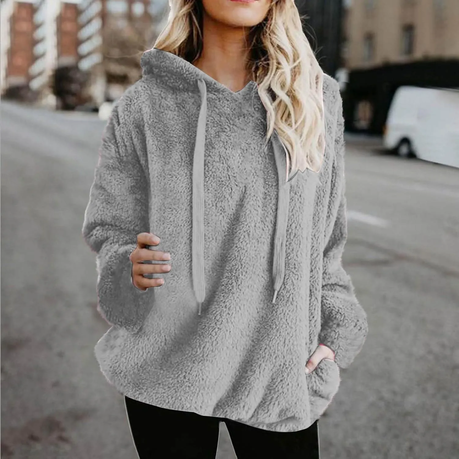 Solid Plush Hoodies for Women Drawstring Round Neck Fleece Pullover Sweatshirts 2025 Winter Oversized Hooded Tops