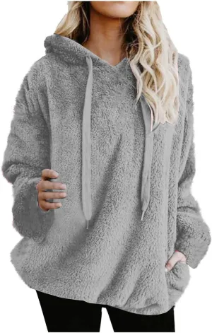 Solid Plush Hoodies for Women Drawstring Round Neck Fleece Pullover Sweatshirts 2025 Winter Oversized Hooded Tops