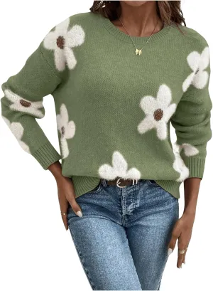 SOLY HUX Women's Floral Sweaters 2024 Fall Winter Crew Neck Pullover Tops Long Sleeve Casual Loose Sweater Knit