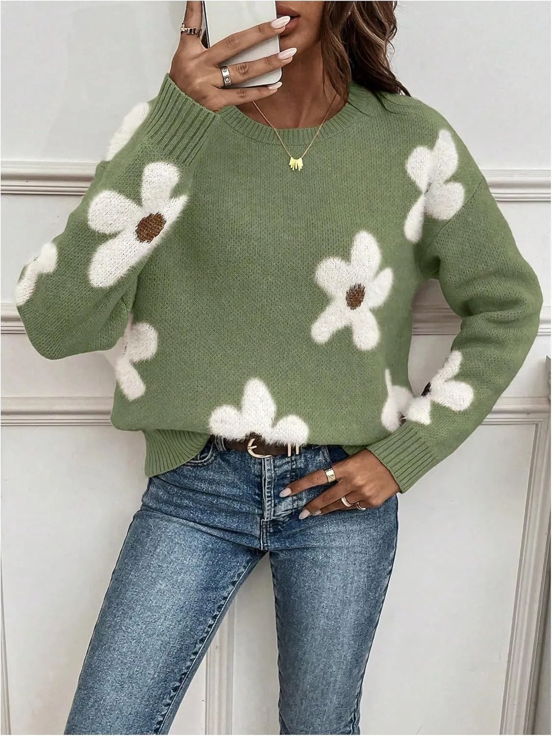SOLY HUX Women's Floral Sweaters 2024 Fall Winter Crew Neck Pullover Tops Long Sleeve Casual Loose Sweater Knit