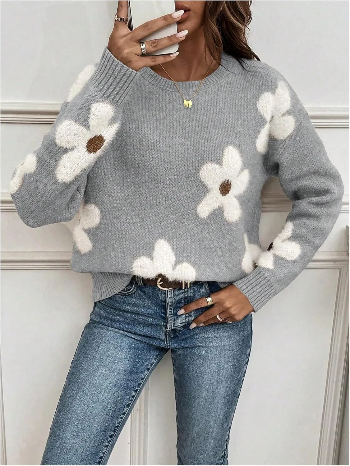 SOLY HUX Women's Floral Sweaters 2024 Fall Winter Crew Neck Pullover Tops Long Sleeve Casual Loose Sweater Knit