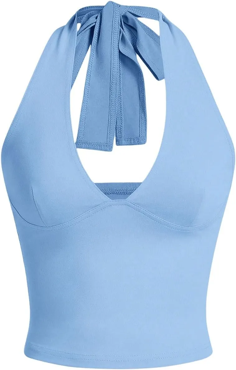SOLY HUX Women's Halter Tops V Neck Tie Backless Summer Crop Tank Top