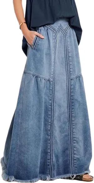 SOMTHRON Women's Retro Elastic High Waist Frayed Hem A-Line Distressed Maxi Long Denim Skirt Plus Size