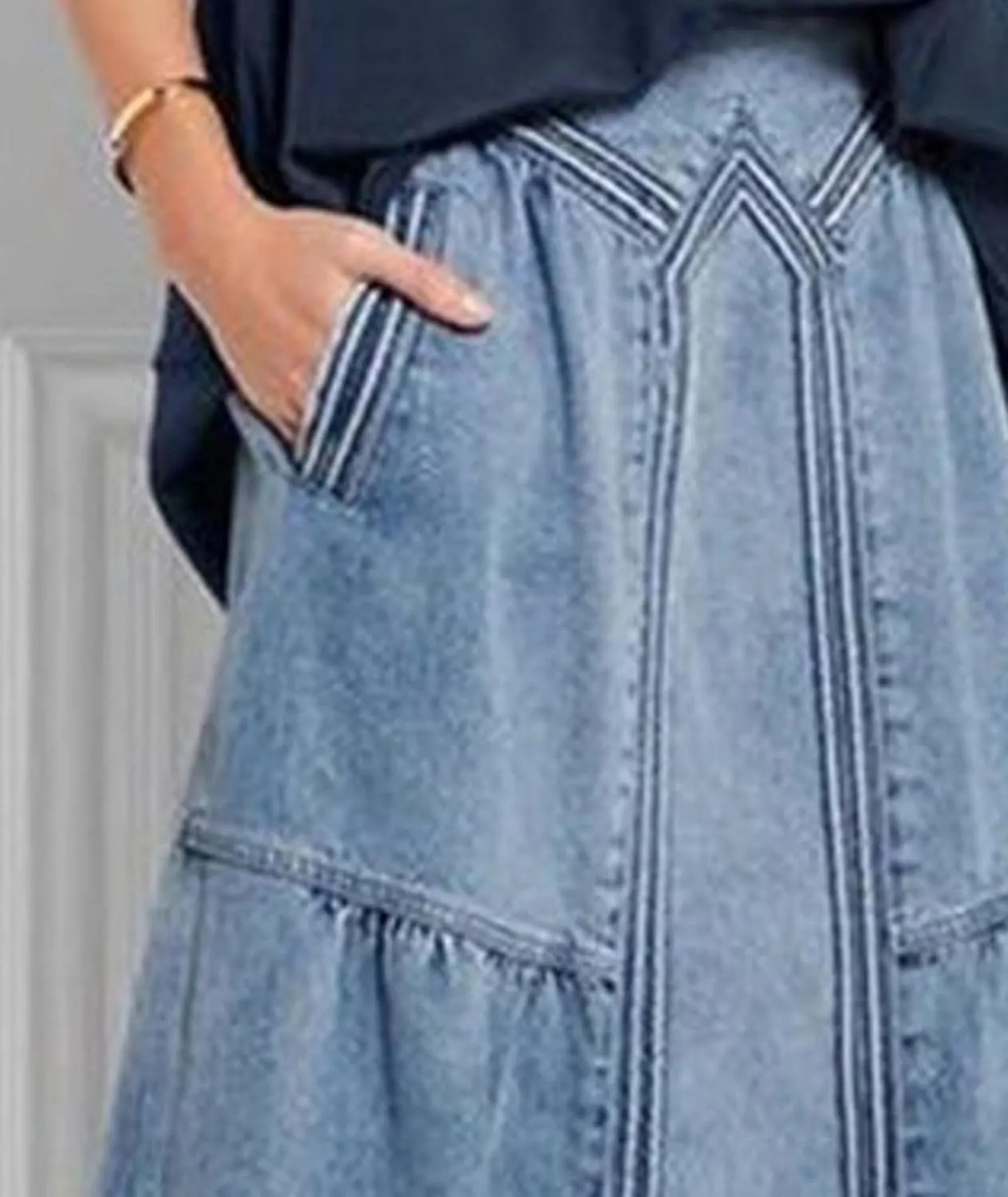 SOMTHRON Women's Retro Elastic High Waist Frayed Hem A-Line Distressed Maxi Long Denim Skirt Plus Size