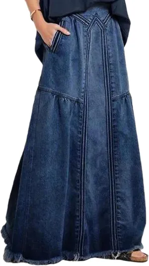 SOMTHRON Women's Retro Elastic High Waist Frayed Hem A-Line Distressed Maxi Long Denim Skirt Plus Size