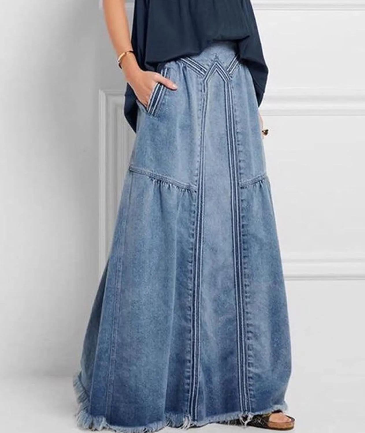 SOMTHRON Women's Retro Elastic High Waist Frayed Hem A-Line Distressed Maxi Long Denim Skirt Plus Size