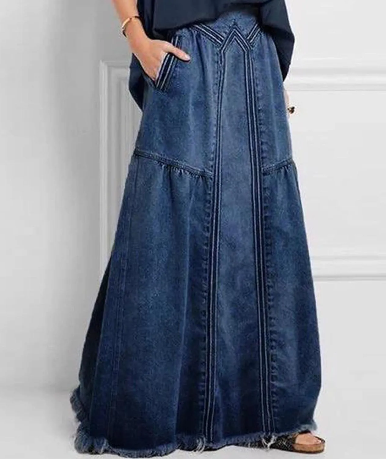 SOMTHRON Women's Retro Elastic High Waist Frayed Hem A-Line Distressed Maxi Long Denim Skirt Plus Size