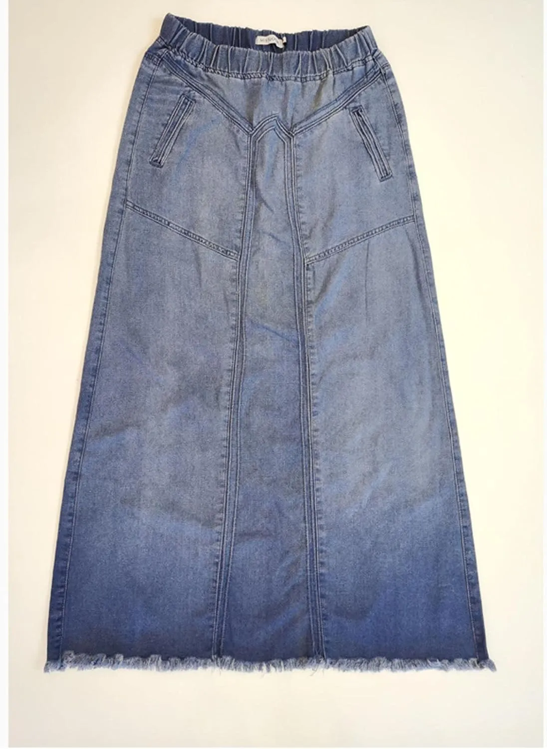 SOMTHRON Women's Retro Elastic High Waist Frayed Hem A-Line Distressed Maxi Long Denim Skirt Plus Size