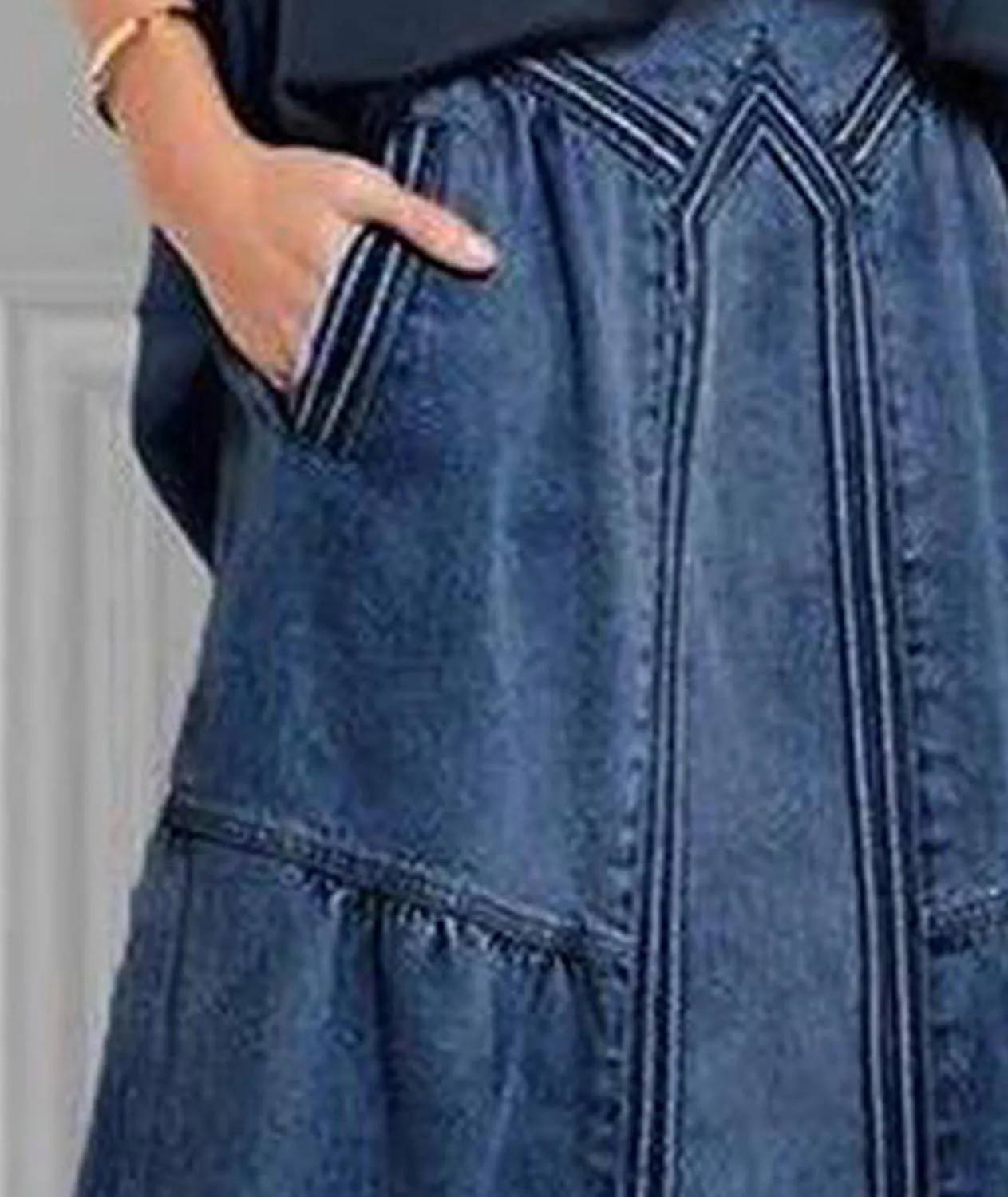 SOMTHRON Women's Retro Elastic High Waist Frayed Hem A-Line Distressed Maxi Long Denim Skirt Plus Size