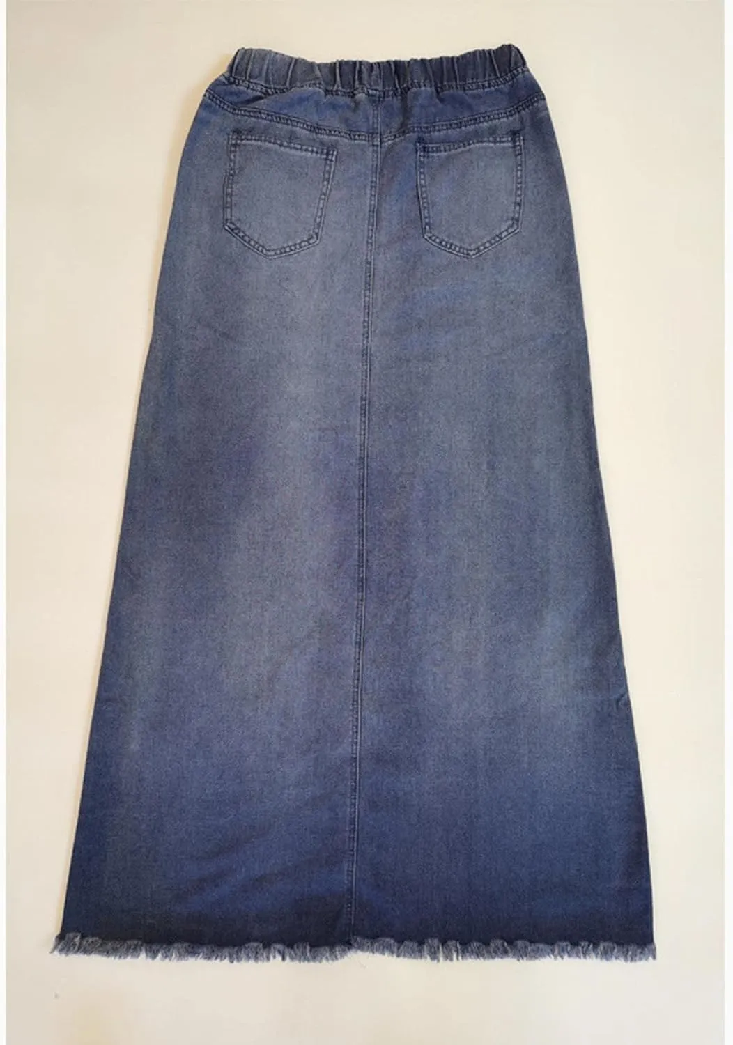 SOMTHRON Women's Retro Elastic High Waist Frayed Hem A-Line Distressed Maxi Long Denim Skirt Plus Size