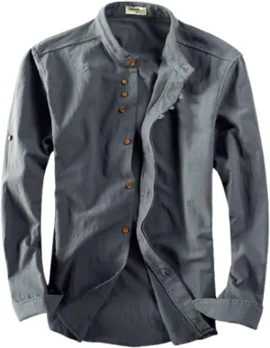 Soulona Men's Katana Japan Style Shirt, Premium Linen & Cotton Blend, V-Neck, Long Sleeve, S-5XL, Grey