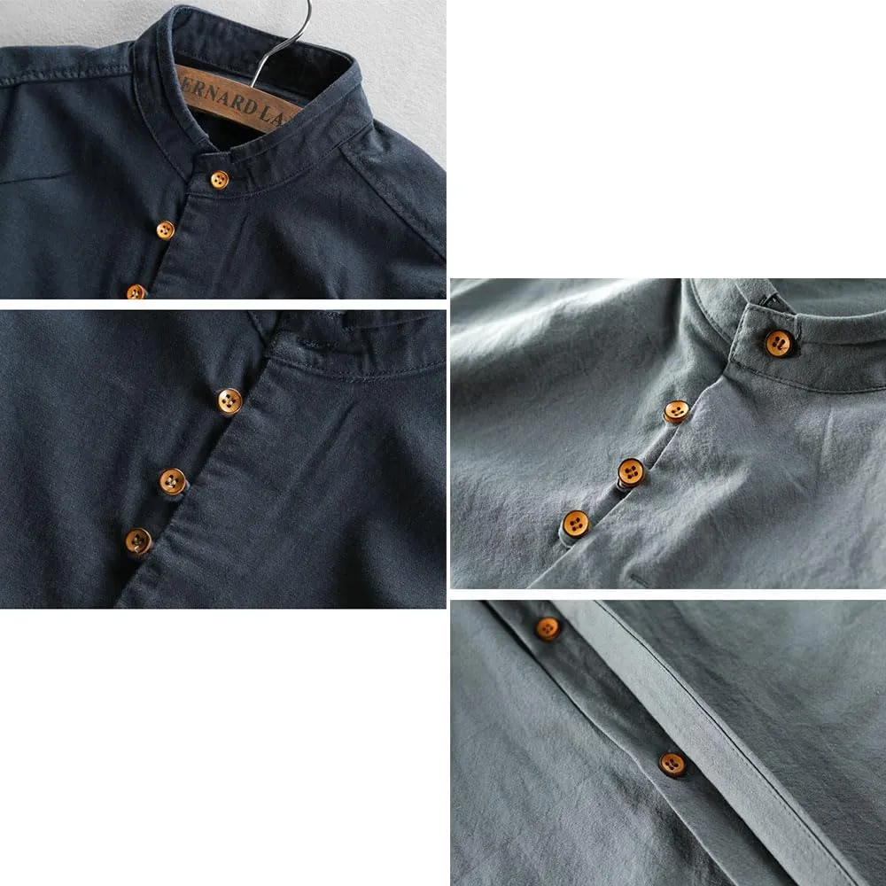 Soulona Men's Katana Japan Style Shirt, Premium Linen & Cotton Blend, V-Neck, Long Sleeve, S-5XL, Grey