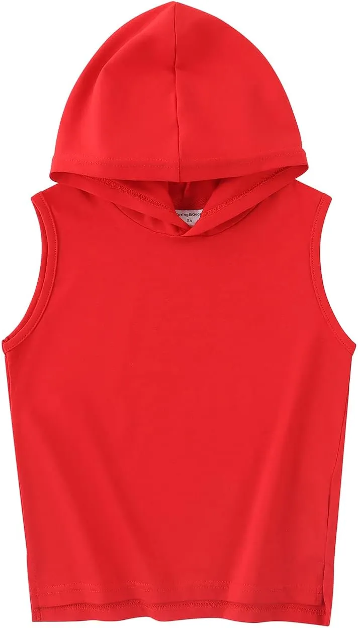 Spring&Gege Boys Hooded Tank Top Solid Basic Sleeveless Pullover Hoodie Uniform Workout Comfy T-Shirt (5-14 Years)