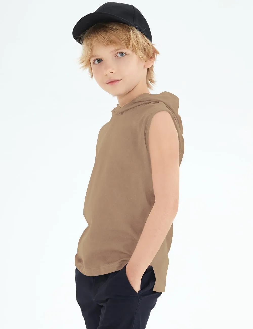 Spring&Gege Boys Hooded Tank Top Solid Basic Sleeveless Pullover Hoodie Uniform Workout Comfy T-Shirt (5-14 Years)