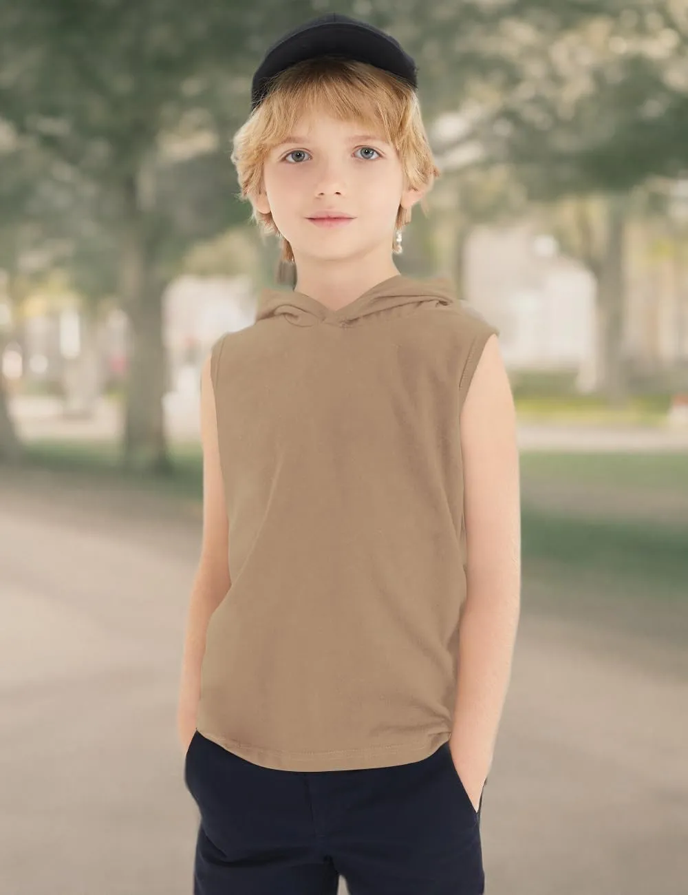 Spring&Gege Boys Hooded Tank Top Solid Basic Sleeveless Pullover Hoodie Uniform Workout Comfy T-Shirt (5-14 Years)