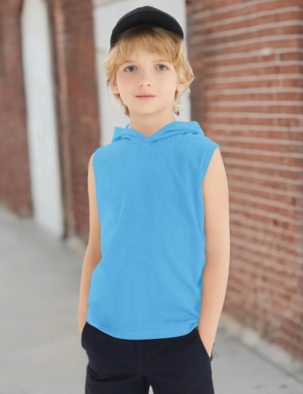 Spring&Gege Boys Hooded Tank Top Solid Basic Sleeveless Pullover Hoodie Uniform Workout Comfy T-Shirt (5-14 Years)