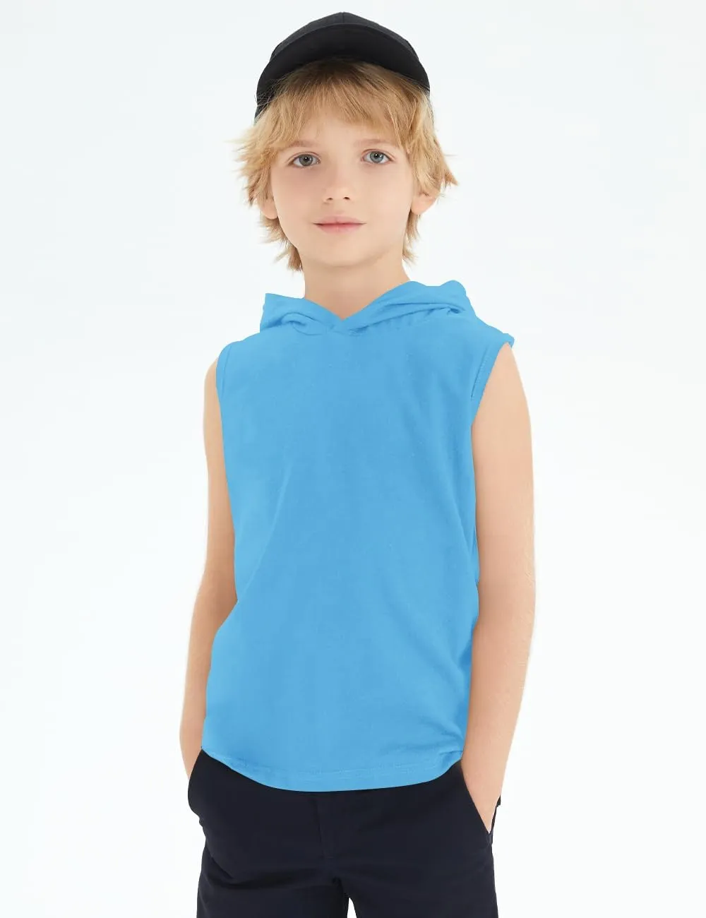 Spring&Gege Boys Hooded Tank Top Solid Basic Sleeveless Pullover Hoodie Uniform Workout Comfy T-Shirt (5-14 Years)
