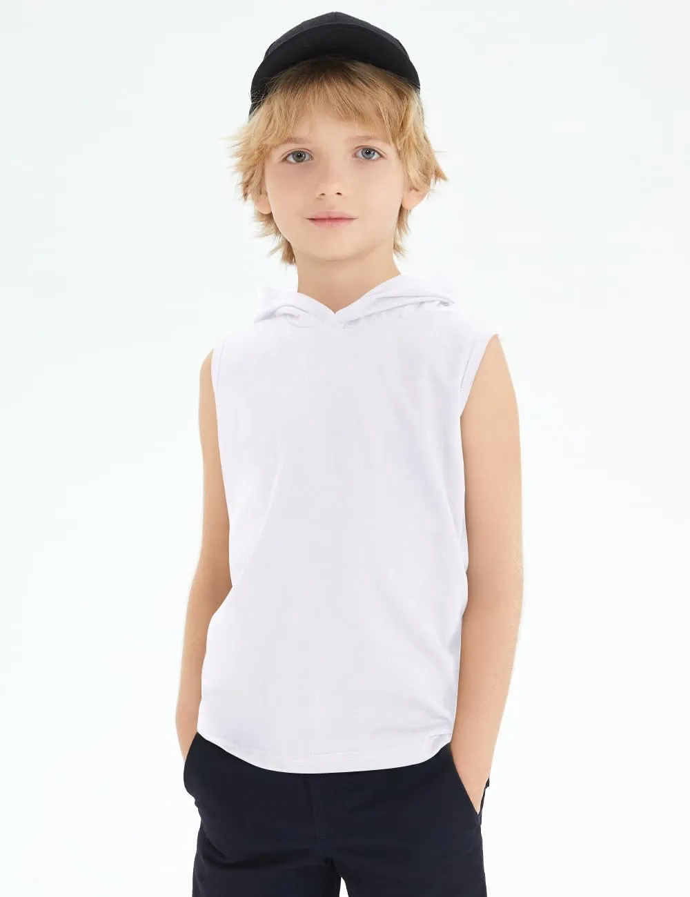 Spring&Gege Boys Hooded Tank Top Solid Basic Sleeveless Pullover Hoodie Uniform Workout Comfy T-Shirt (5-14 Years)