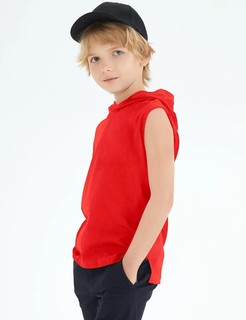 Spring&Gege Boys Hooded Tank Top Solid Basic Sleeveless Pullover Hoodie Uniform Workout Comfy T-Shirt (5-14 Years)
