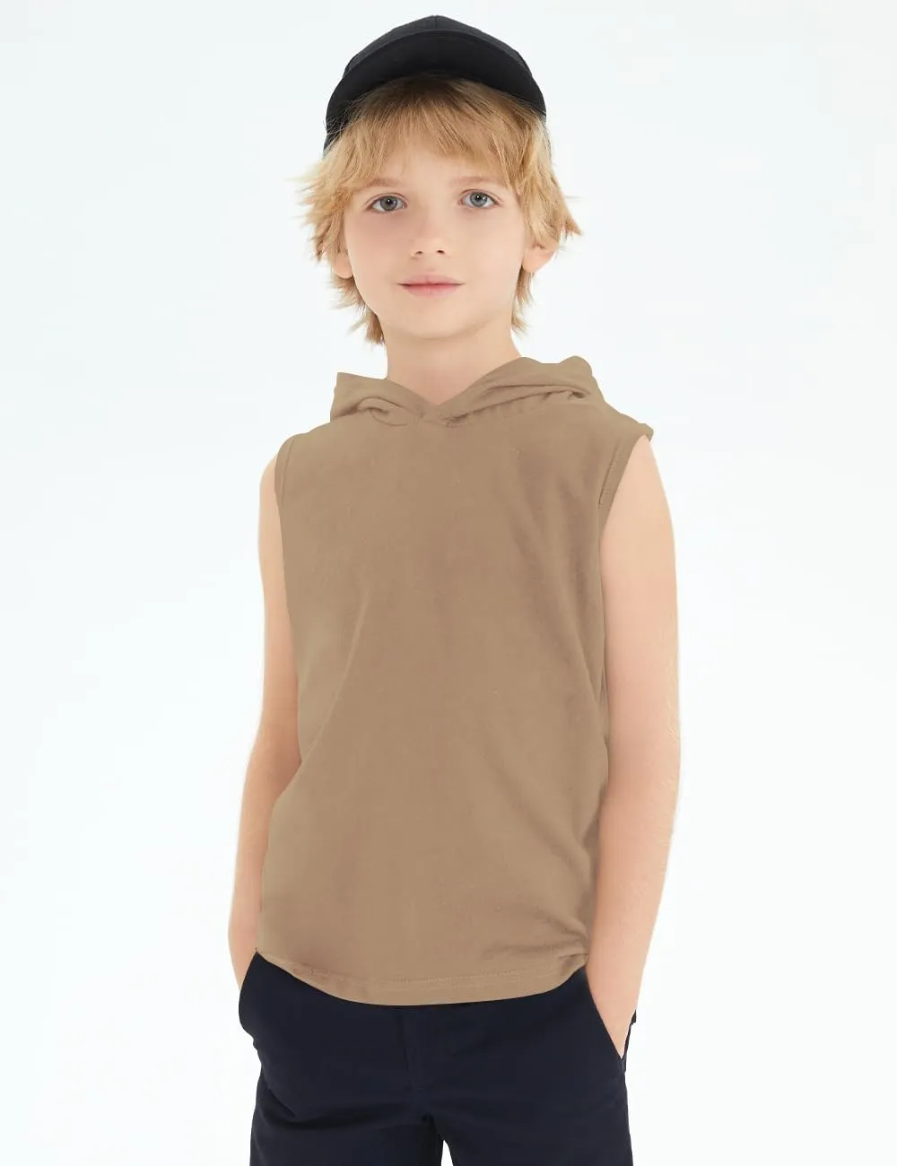 Spring&Gege Boys Hooded Tank Top Solid Basic Sleeveless Pullover Hoodie Uniform Workout Comfy T-Shirt (5-14 Years)