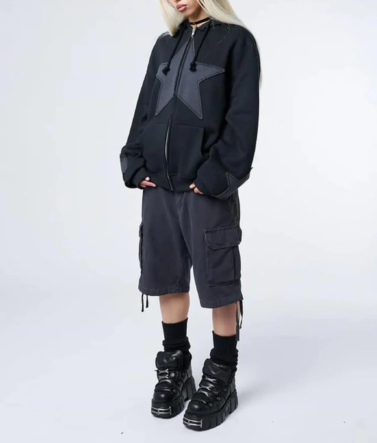 Sunwittafy Women Aesthetic Star Graphic Hoodie Y2k Zip Up Long Sleeve Oversized Sweatshirt Goth Jacket Vintage Streetwear