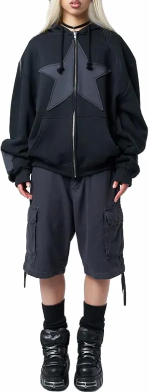 Sunwittafy Women Aesthetic Star Graphic Hoodie Y2k Zip Up Long Sleeve Oversized Sweatshirt Goth Jacket Vintage Streetwear