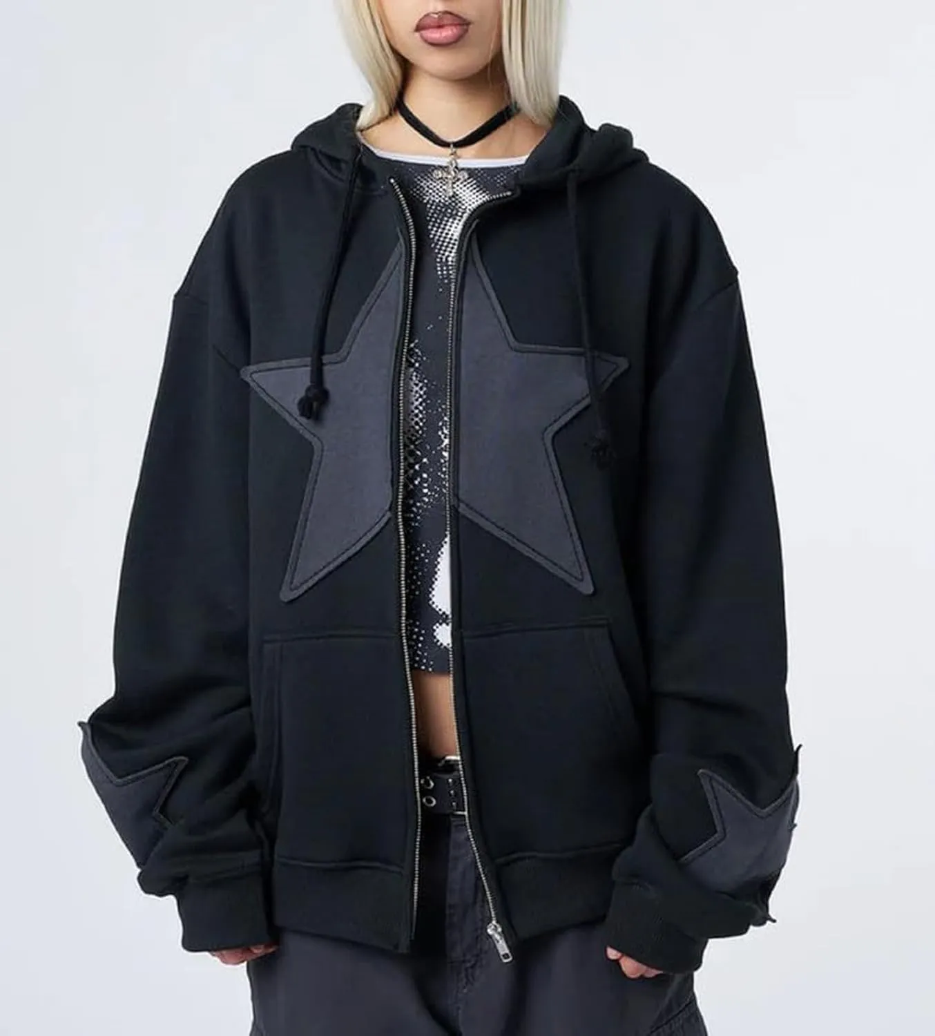 Sunwittafy Women Aesthetic Star Graphic Hoodie Y2k Zip Up Long Sleeve Oversized Sweatshirt Goth Jacket Vintage Streetwear