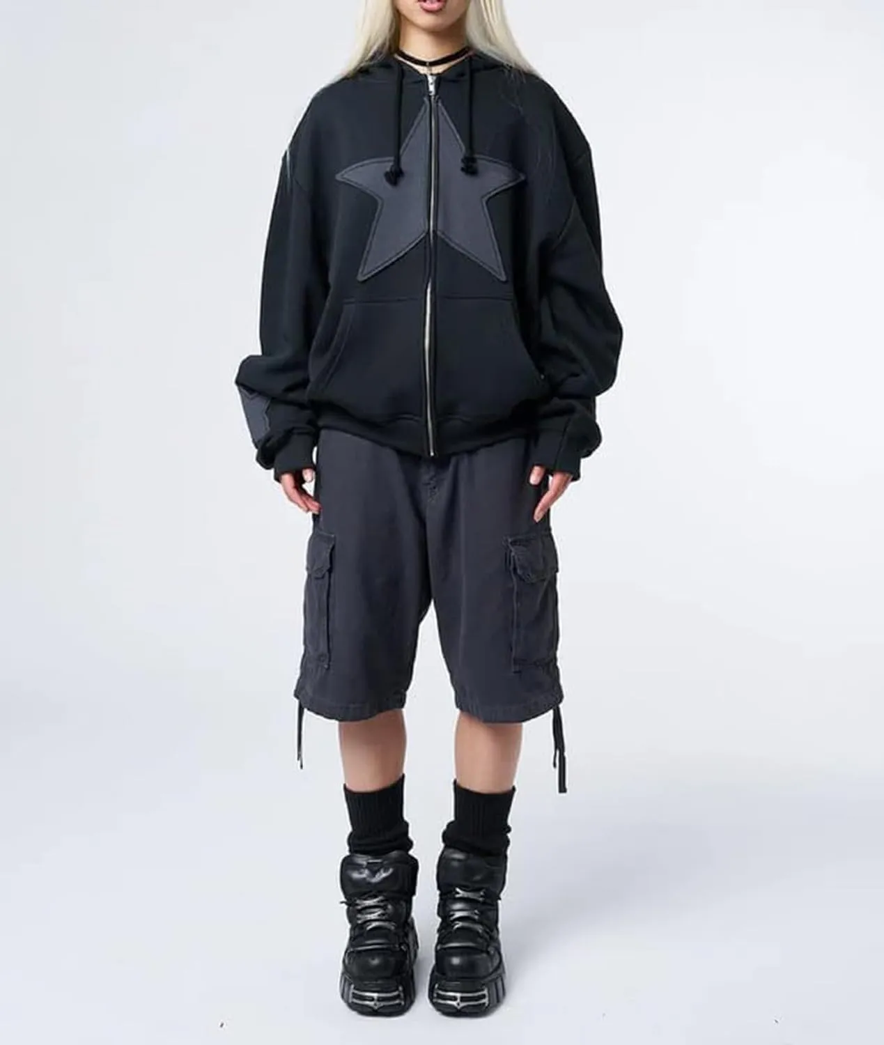 Sunwittafy Women Aesthetic Star Graphic Hoodie Y2k Zip Up Long Sleeve Oversized Sweatshirt Goth Jacket Vintage Streetwear