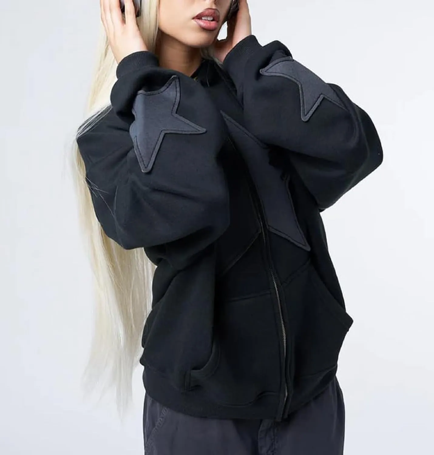 Sunwittafy Women Aesthetic Star Graphic Hoodie Y2k Zip Up Long Sleeve Oversized Sweatshirt Goth Jacket Vintage Streetwear