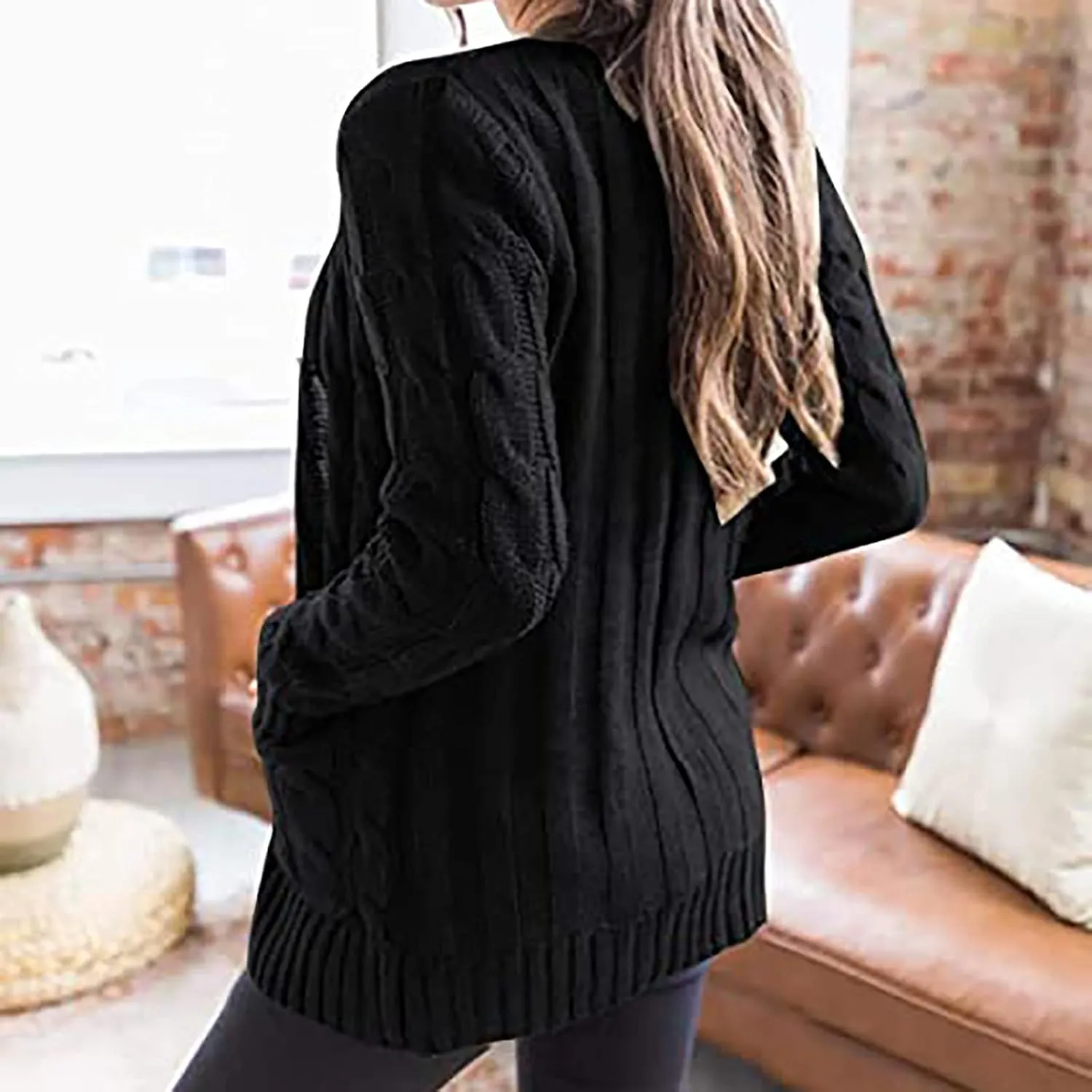 Sweaters for Women Fashion Open Front Long Sleeve Button Cardigans Chunky Cable Knitted Fall Winter Cardigan Outwear