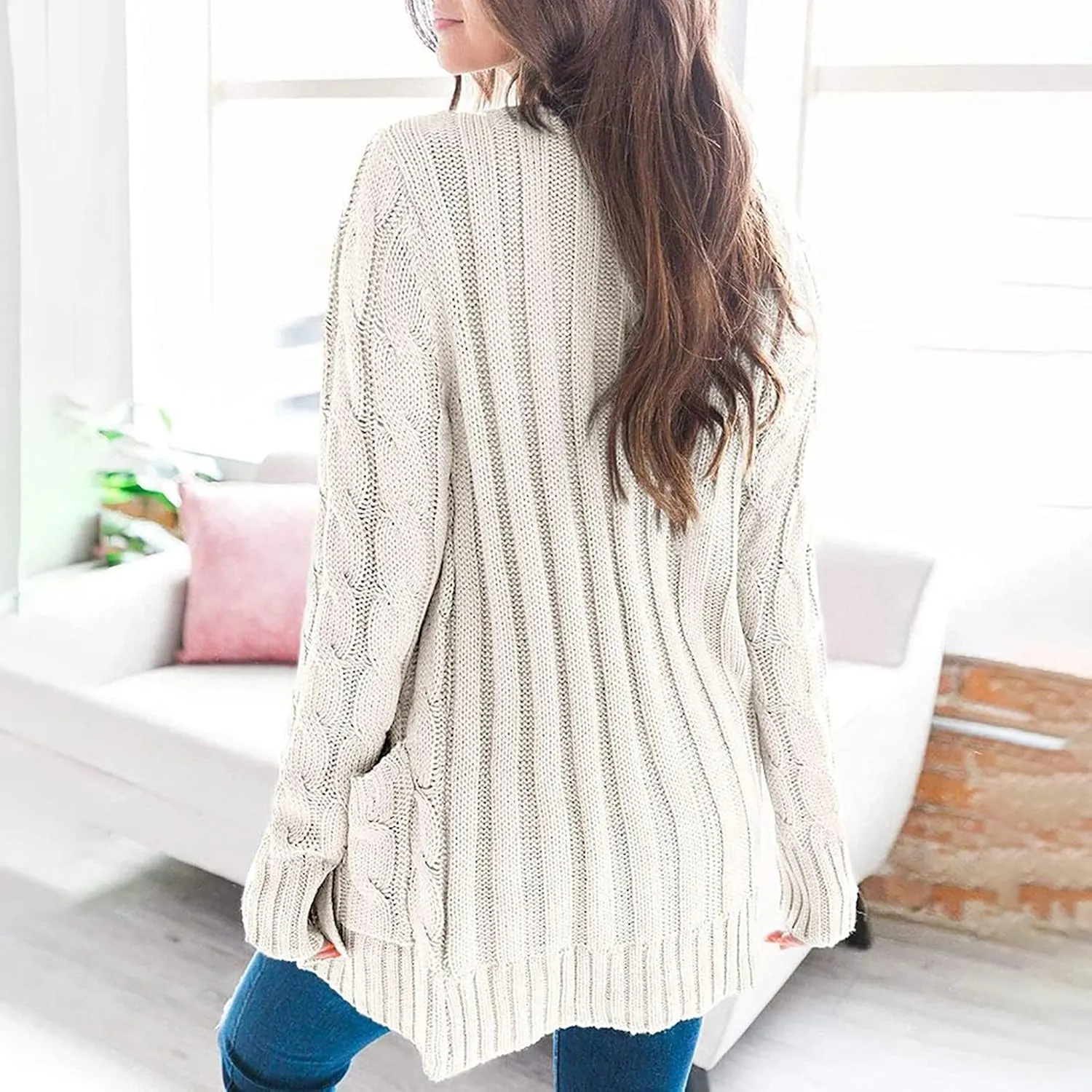 Sweaters for Women Fashion Open Front Long Sleeve Button Cardigans Chunky Cable Knitted Fall Winter Cardigan Outwear