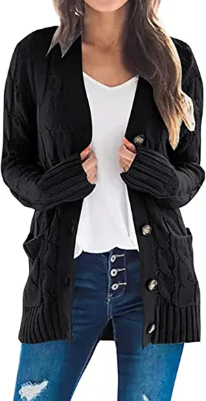 Sweaters for Women Fashion Open Front Long Sleeve Button Cardigans Chunky Cable Knitted Fall Winter Cardigan Outwear