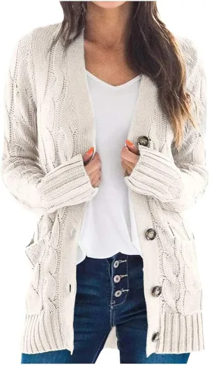 Sweaters for Women Fashion Open Front Long Sleeve Button Cardigans Chunky Cable Knitted Fall Winter Cardigan Outwear