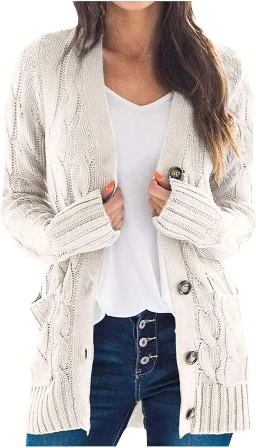 Sweaters for Women Fashion Open Front Long Sleeve Button Cardigans Chunky Cable Knitted Fall Winter Cardigan Outwear