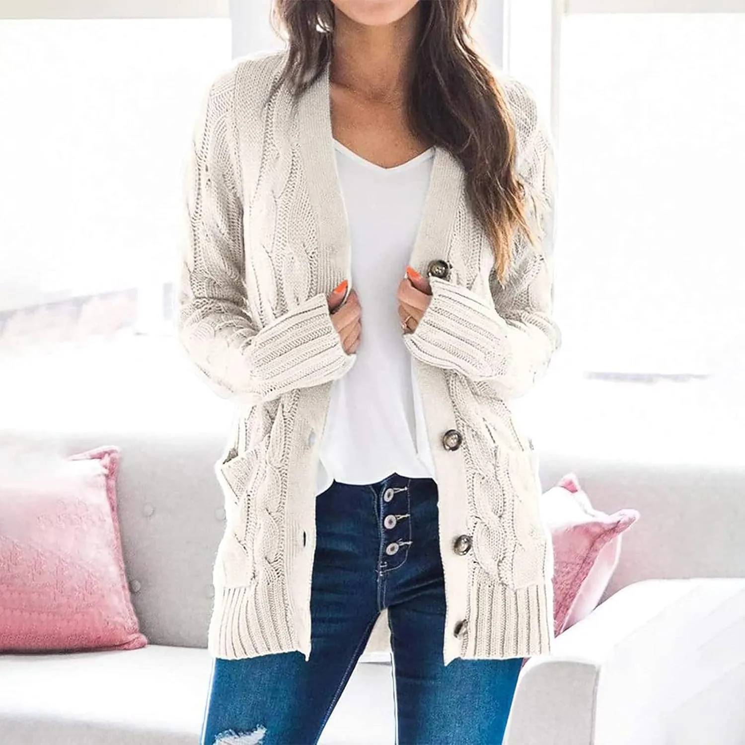 Sweaters for Women Fashion Open Front Long Sleeve Button Cardigans Chunky Cable Knitted Fall Winter Cardigan Outwear
